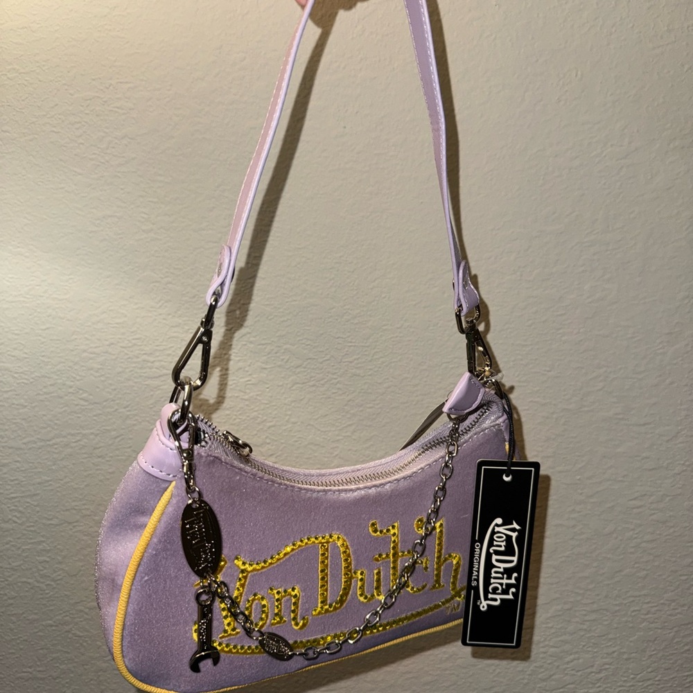 Von Dutch Lilac Shoulder Bag with Gold Logo and Trim